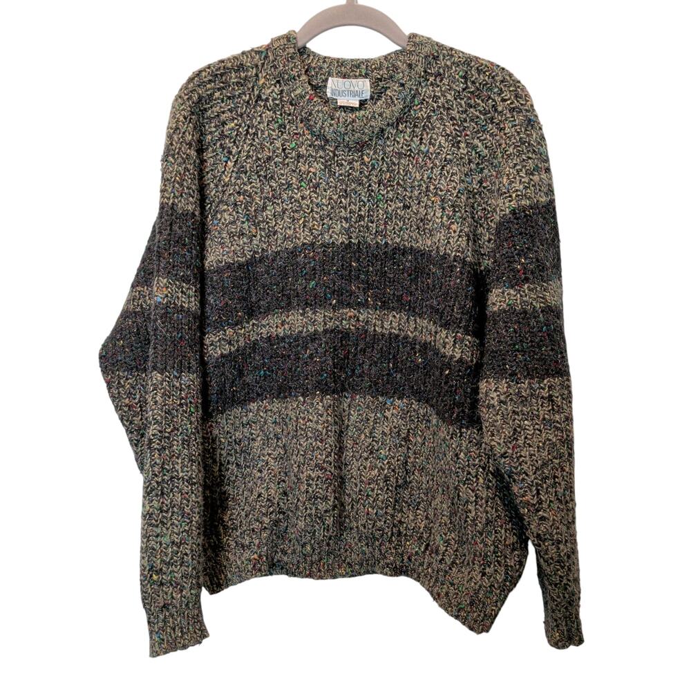 Vintage 90s Nuovo Mens Sz M Grey Super Chunky Wool Blend Sweater Stripe Speckled